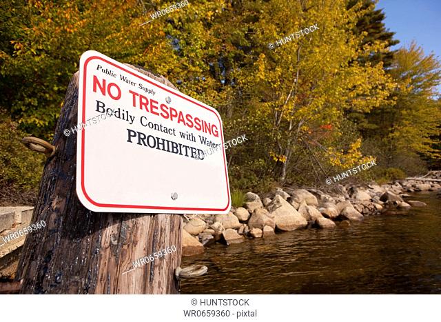 No Trespassing warning sign on a tree stump at the lakeside
