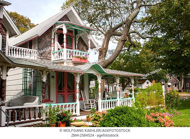 Victorian gingerbread cottages in Oak Bluffs on Marthaâ. . s Vineyard, Massachusetts, USA