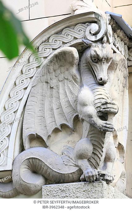 Sculpture of a dragon, Art Nouveau facade of the house Alberta iela 8 or Albert Street 8, architect Mikhail Eisenstein, Riga, Latvia