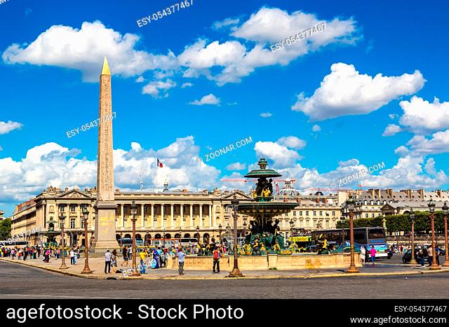 PARIS, FRANCE - JULY 14 2014: The Luxor Obelisk at the center of the Place de la Concorde in Paris in a summer day, July 14, 2014