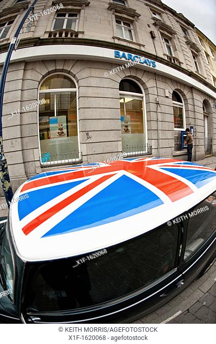 Barclays Bank, mini car with union jack flag painted on its roof, UK