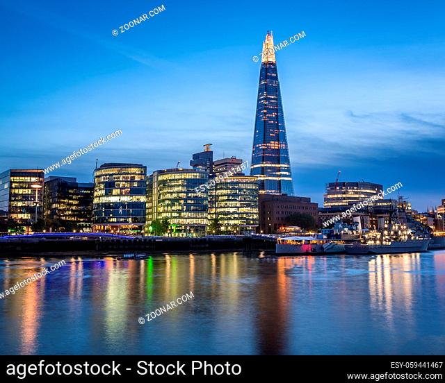 Thames River Embankment and London Skyline at Sunset, United Kingdom