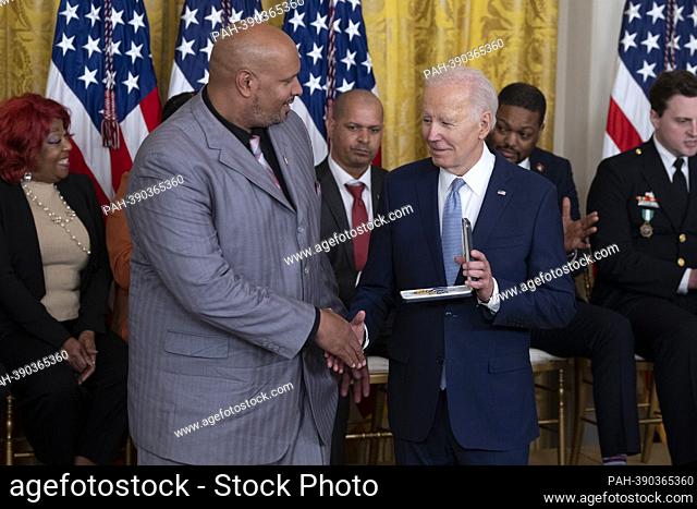 United States President Joe Biden presents the the Presidential Citizens Medal to Capitol Police Officer Harry Dunn during a ceremony marking the the two-year...