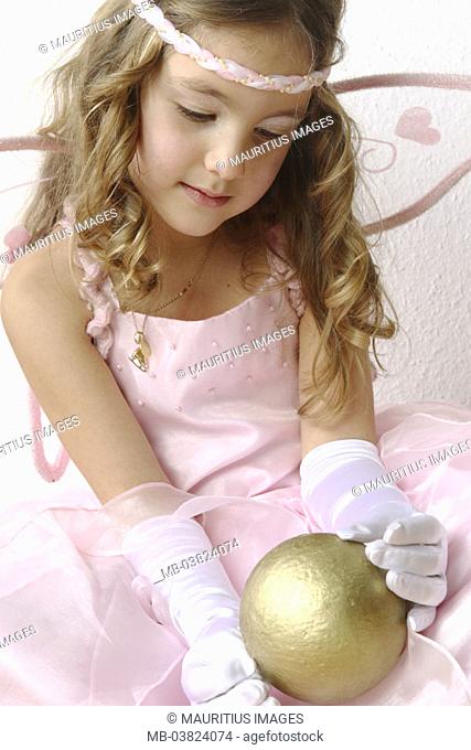 Girls, disguise, princess,  Pillows, ball, golden, holding,   Series, child, 6-8 years, blond, long-haired, playing childhood curls, headband, wings, elf, fairy