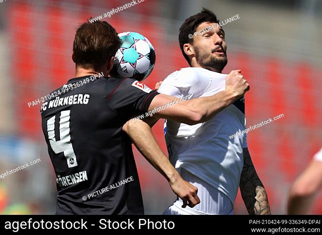 24 April 2021, Bavaria, Nuremberg: Football: 2. Bundesliga, 1. FC Nürnberg - 1. FC Heidenheim, Matchday 31 at Max-Morlock-Stadion