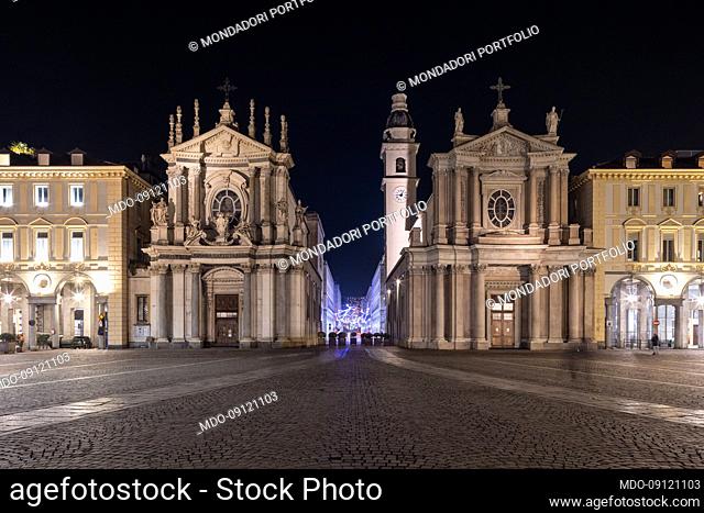 The two churches, called twins, Santa Cristina (left) and San Carlo (right) on the shorter side of Piazza San Carlo. Turin (Italy), February 9th, 2022