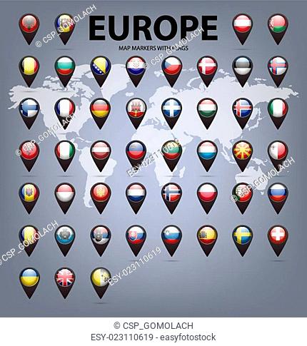 Map markers with flags - Europe. Original colors