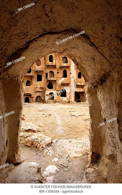 Entrance tunnel to the interior of the Berber granary Qasr al-Haj, Nafusa Mountains, Libya, Africa