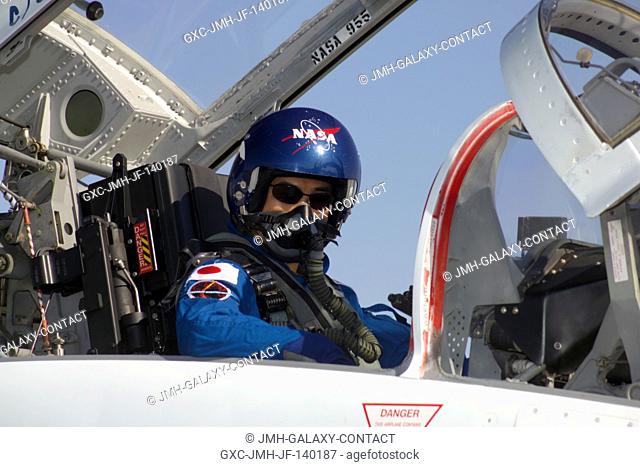 Astronaut Soichi Noguchi, STS-114 mission specialist, goes through a pre-flight check of the systems of a NASA T-38 trainer jet prior to a flight to Kennedy...