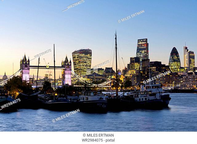 View of the Financial District of the City of London, Tower Bridge and the River Thames, London, England, United Kingdom, Europe