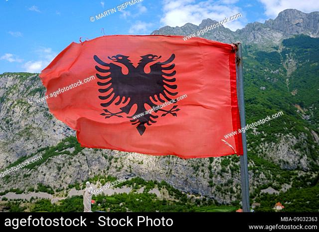 Albanian flag, Kelmend region, Albanian Alps, Prokletije, Qark Shkodra, Albania