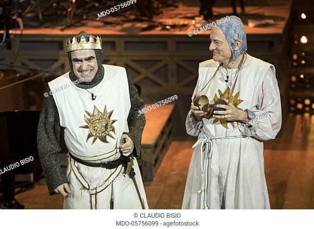 Italian actor and tv-host Claudio Bisio and Elio (Stefano Belisario) dressed as crusaders on stage during the Saturday Night Live show recording