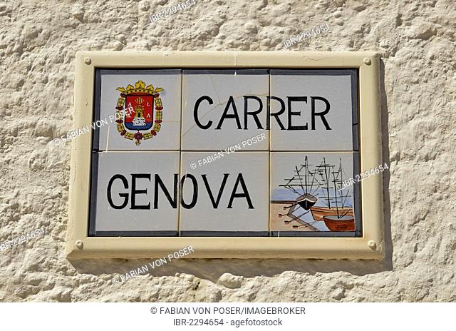 Sign Carrer Genova, Genoa Street, many of the inhabitants of Tabarca come from Genoa, Island of Tabarca, Isla de Tabarca, Costa Blanca, Spain, Europe