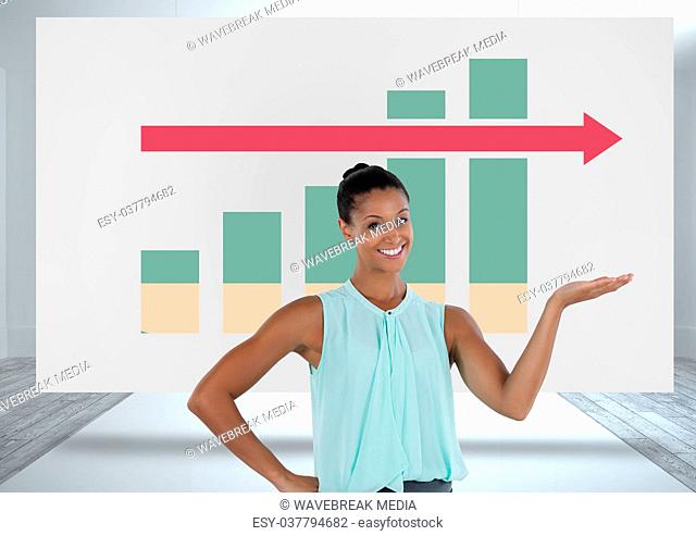 Businesswoman presenting with colorful chart statistics arrow on white board