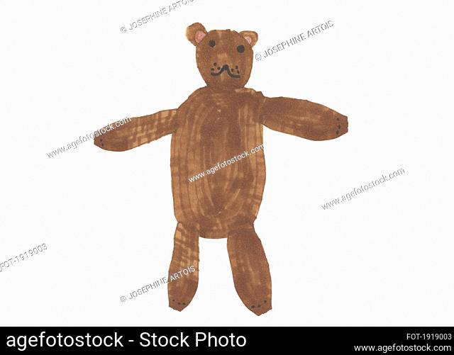 Childs drawing cute brown teddy bear on white background