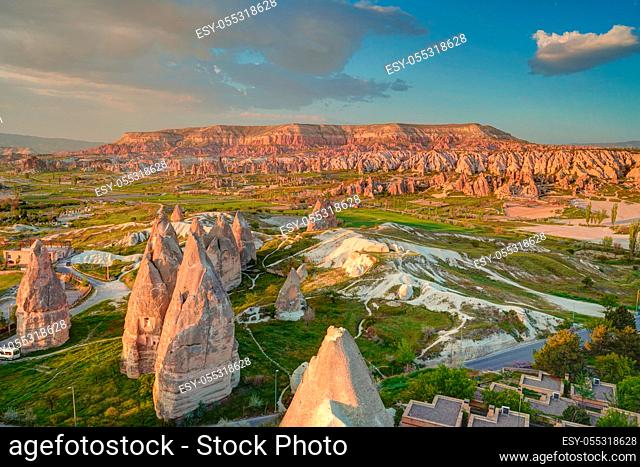 Sunset panoramic view to Goreme city and pigeon valley Cappadocia, Turkey