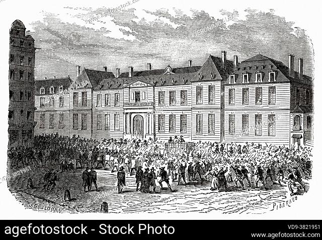 The condemned are led through the streets of Paris to be executed in the gillotine. France. Old 19th century engraved illustration from Histoire de la...