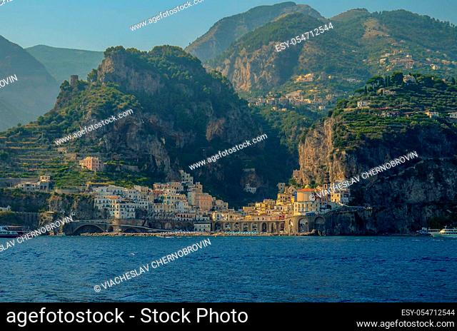 View of the Atrani from the sea. Amalfi coast in Italy