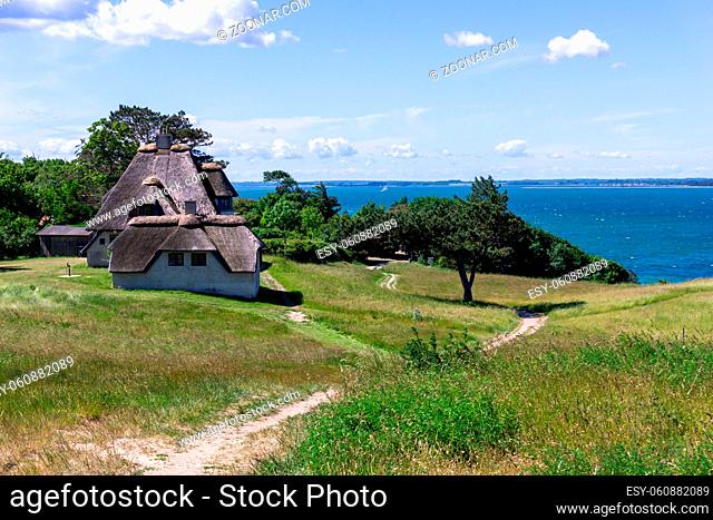 Hundested, Denmark - 15 June, 2021: view of the home of artic explorer Knud Rasmussen and shoreline in northern Zealand
