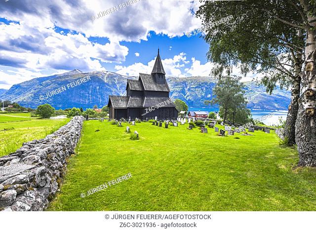 Urnes Stave church with view to the Fjord, above Ornes at the Lustrafjorden, Norway, World Heritage Site, Sognefjorden