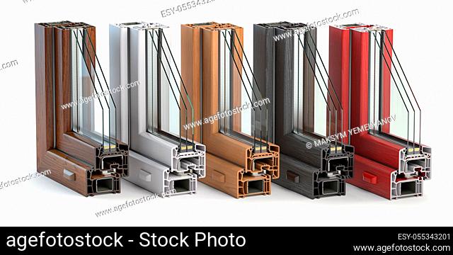 Plastic window profiles PVC of different colors in section isolated on white background. 3d illustration