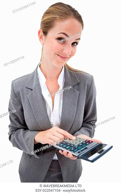 Bank employee with pocket calculator