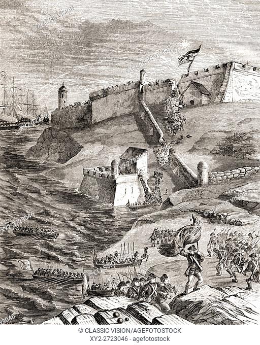 The British storming El Morro fortress in Havana, Cuba in 1762. From Cassell's Illustrated History of England, published 1861