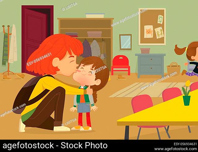 Illustration of a Mother Gives a Goodbye Kiss to her daughter. Mum Gives Kiss to the child at the school door. Preschool girl say hello to mom at Montessori...
