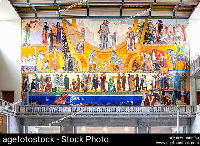 Oslo, Ostlandet / Norway - 2019/08/30: Oslo City Hall historic building - Radhuset - with wall painting decoration by Henrik Sorensen in Pipervika quarter of...