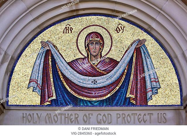 CANADA, MARKHAM, 22.08.2011, An Orthodox mosaic depicting the Theotokos of Protection on the front of the Slovak Cathedral of the Transfiguration
