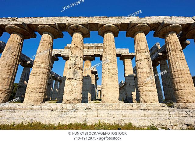 Doric style temple of Hera of Paestum, built around 550 BC by Greek colonists from Sybaris, is the oldest surviving temple in Paestum archaeological site, Italy