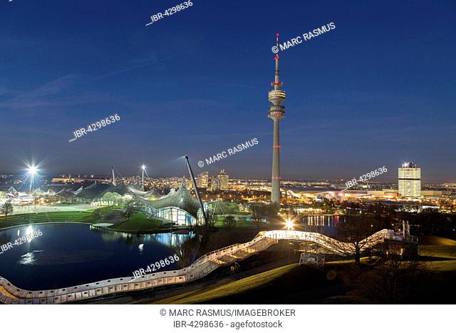 Olympic Park with Olympic Tower, Olympic Hall, Olympic Swimming Pool, Olympic Lake and BMW headquarters in evening light, Munich, Upper Bavaria, Bavaria