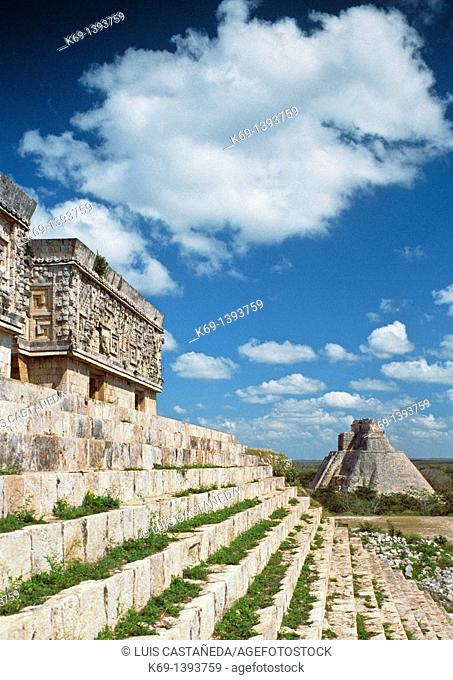 Pyramid of the Magician seen from The Governor Palace, Uxmal, Yucatan, Mexico