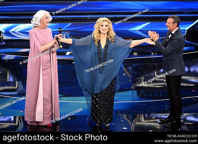 Artist Drusilla Foer, Iva Zanicchi, tv host Amadeus at the 72nd Sanremo Italian Song Festival, Sanremo , ITALY-03-02-2022