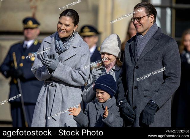 Crown Princess Victoria, Prince Daniel, Princess Estelle and Prince Oscar of Sweden at the Inner Courtyard of the Royal Palace in Stockholm, on March 12, 2022