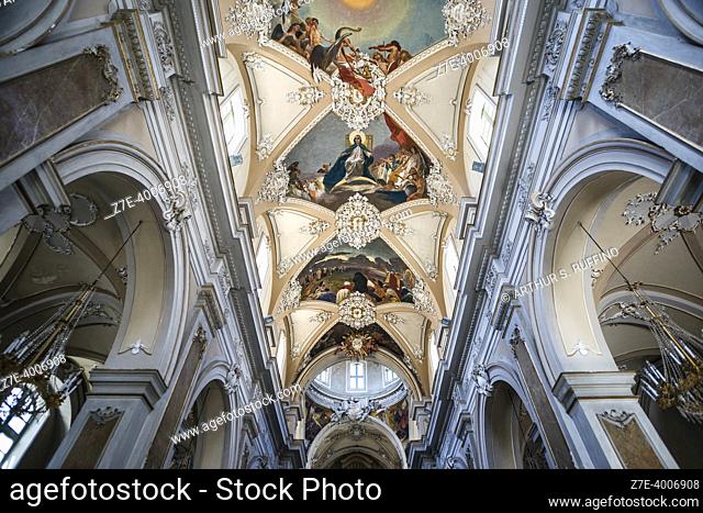 Low-angle view of ceiling. Interior of Basilica della Collegiata (Ancient Royal and Eminent Basilica Collegiate of Our Lady of the Alms)