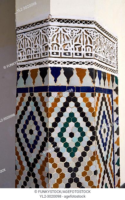 Berber Arabesque Morcabe plasterwok Zellige tiles of the Marrakesh museum in the Dar Menebhi Palace, Marrakesh, Morocco