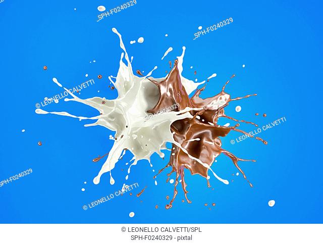 Milk and chocolate , or paint splashing against each other in the air. On blue background