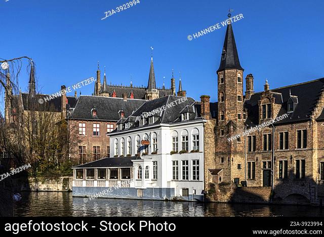 Old buildings by the canal in the historical city centre of Bruges, Belgium, Europe