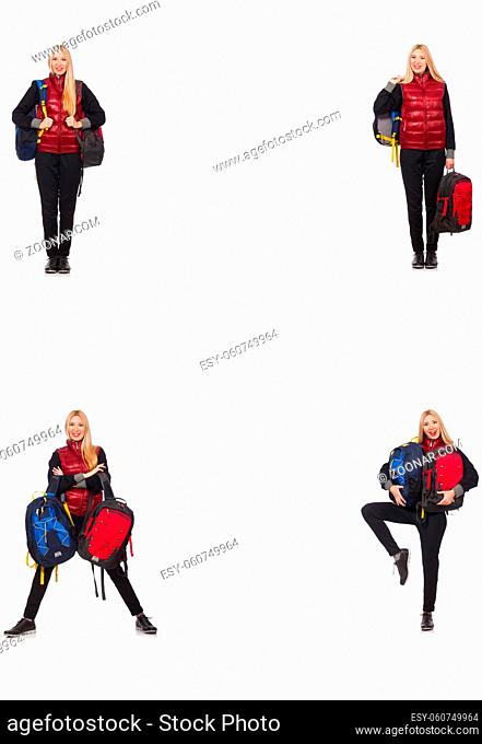 Young woman with backpack isolated on white