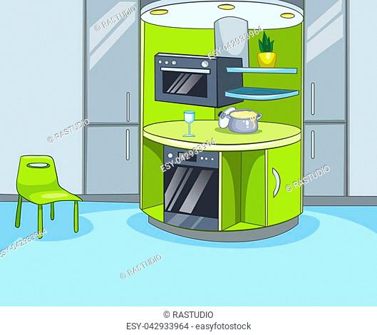 Hand drawn cartoon of contemporary kitchen interior. Colourful cartoon of kitchen  background, Stock Photo, Picture And Low Budget Royalty Free Image. Pic.  ESY-042933964 | agefotostock