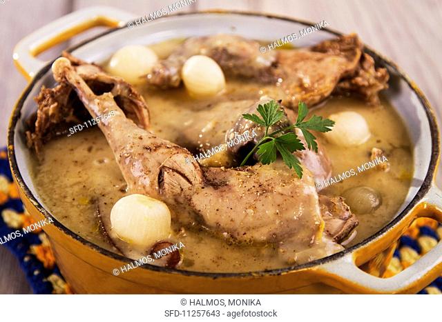 Pheasant fricassee with pearl onions