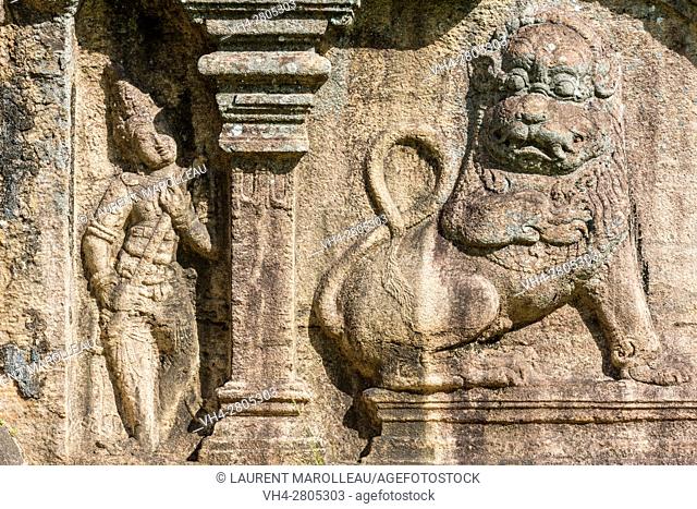 Detail of Korawakgala or Makara Balustrade at the Entrance of Lankatilaka Image House, Alahana Pirivena Monastery Complex built by the King Parakramabahu the...