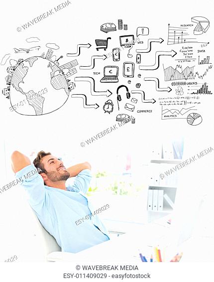 Composite image of casual man resting with hands behind head in office