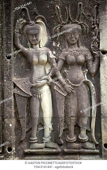 Relief engravings at Angkor Wat, Siem Reap, Cambodia. It was originally constructed as a Hindu temple dedicated to the god Vishnu for the Khmer Empire