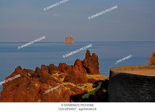Wiew of Strombolicchio from Stromboli, Volcano, Coast of lava rocks, Aeolian Islands, Sicily, Italy, Europe