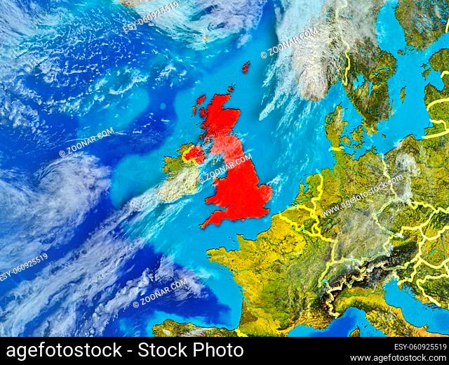 United Kingdom from space on model of planet Earth with country borders. Extremely fine detail of planet surface and clouds. 3D illustration