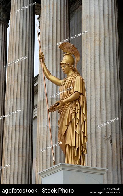 Statue of Athena on the facade of the Staatliche antikensammlungen, neoclassical museum in Munich, Germany