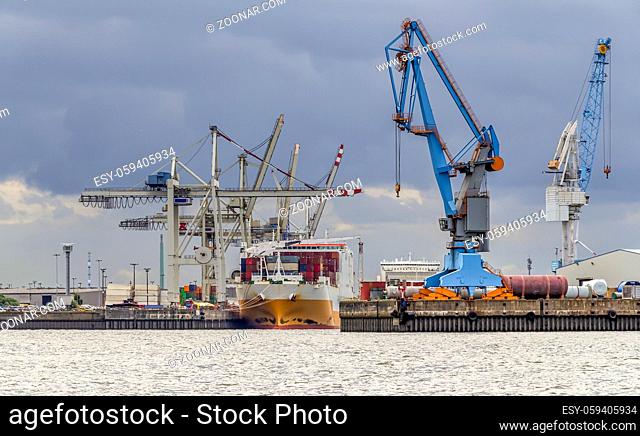 container terminal scenery seen at the Port of Hamburg in Germany