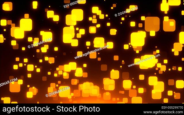 Many gold glittering squares are in space, holiday 3d rendering background, golden explosion of confetti